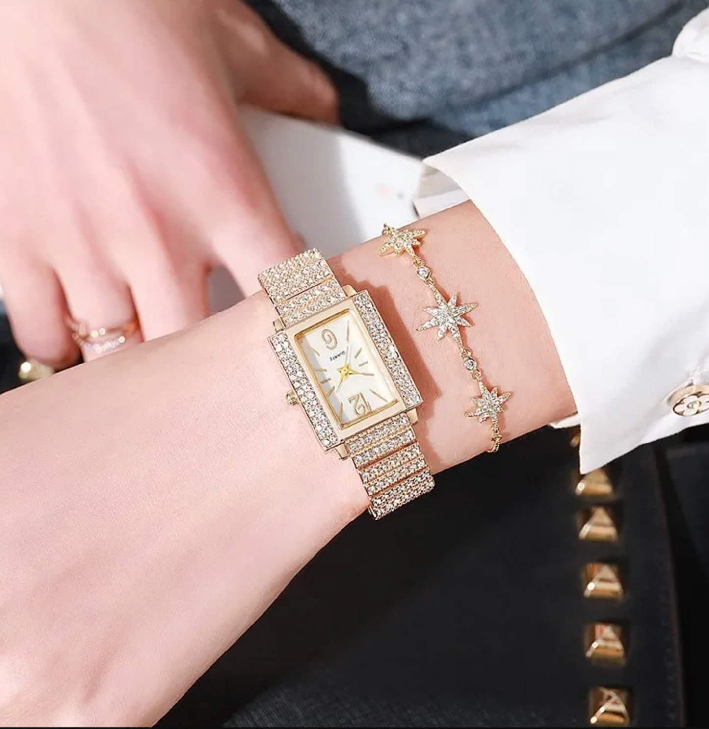 Luxe Pave Rectangular Watch and Star Bracelet Stack Set