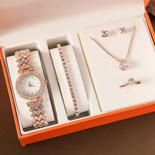 5-Piece Rose Gold Crystal Watch & Jewelry Set