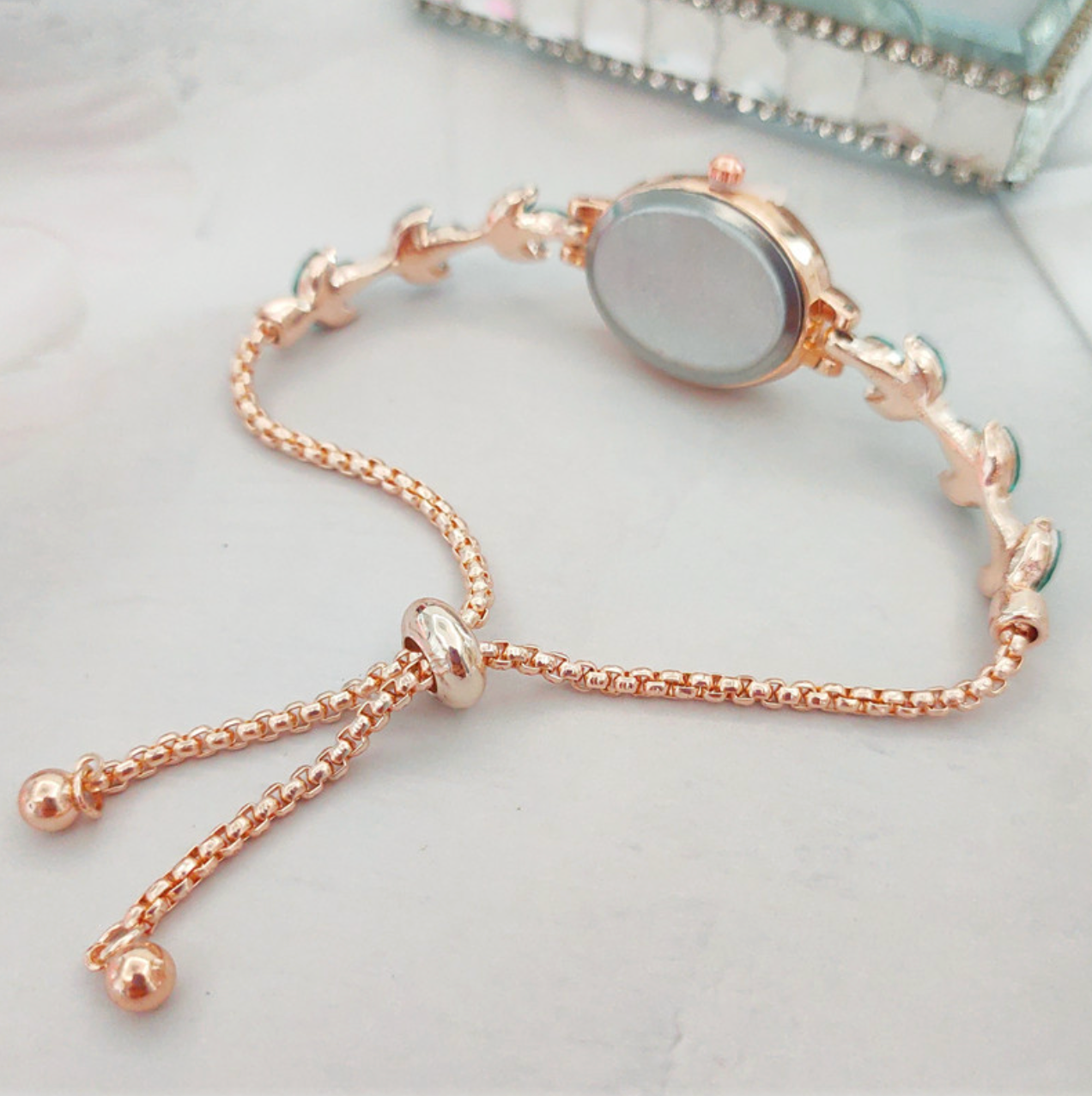 Dainty Crystal Leaf Bolo Bracelet Watch