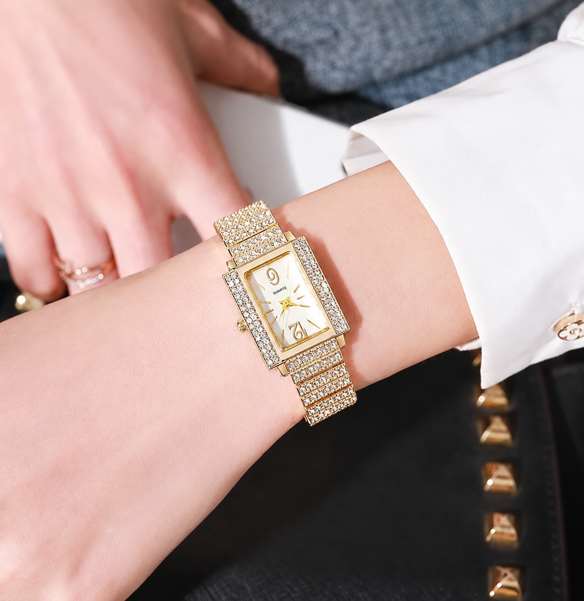 Luxe Pave Rectangular Watch and Star Bracelet Stack Set
