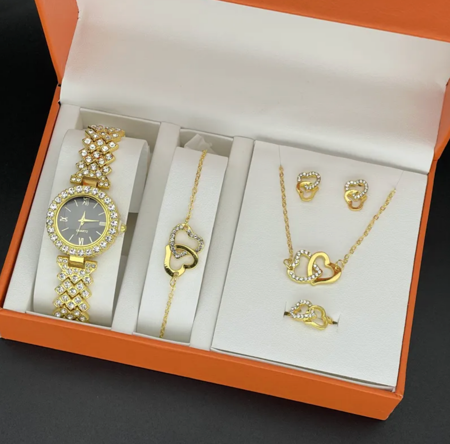Luxe Gold-Tone Pave Double Heart 5-Piece Jewelry Gift Set