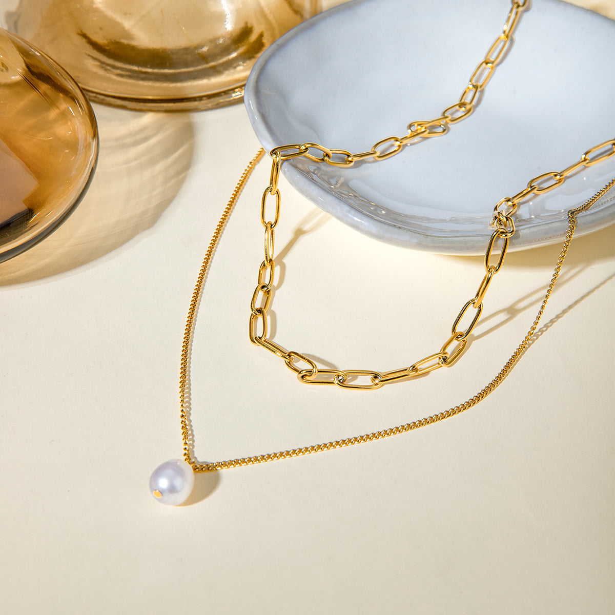 Elegant Pearl Link Layered Necklace