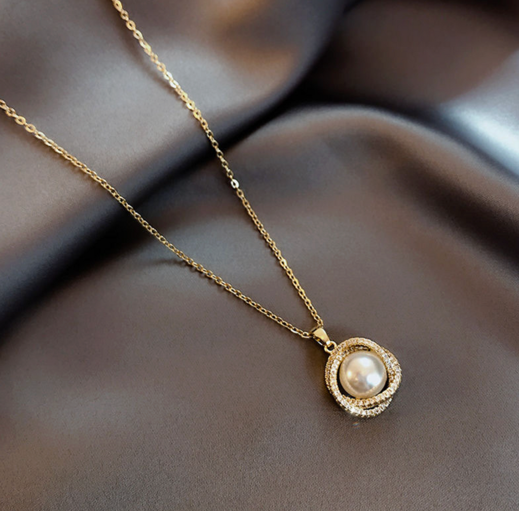 Pave Orbit Pearl Necklace