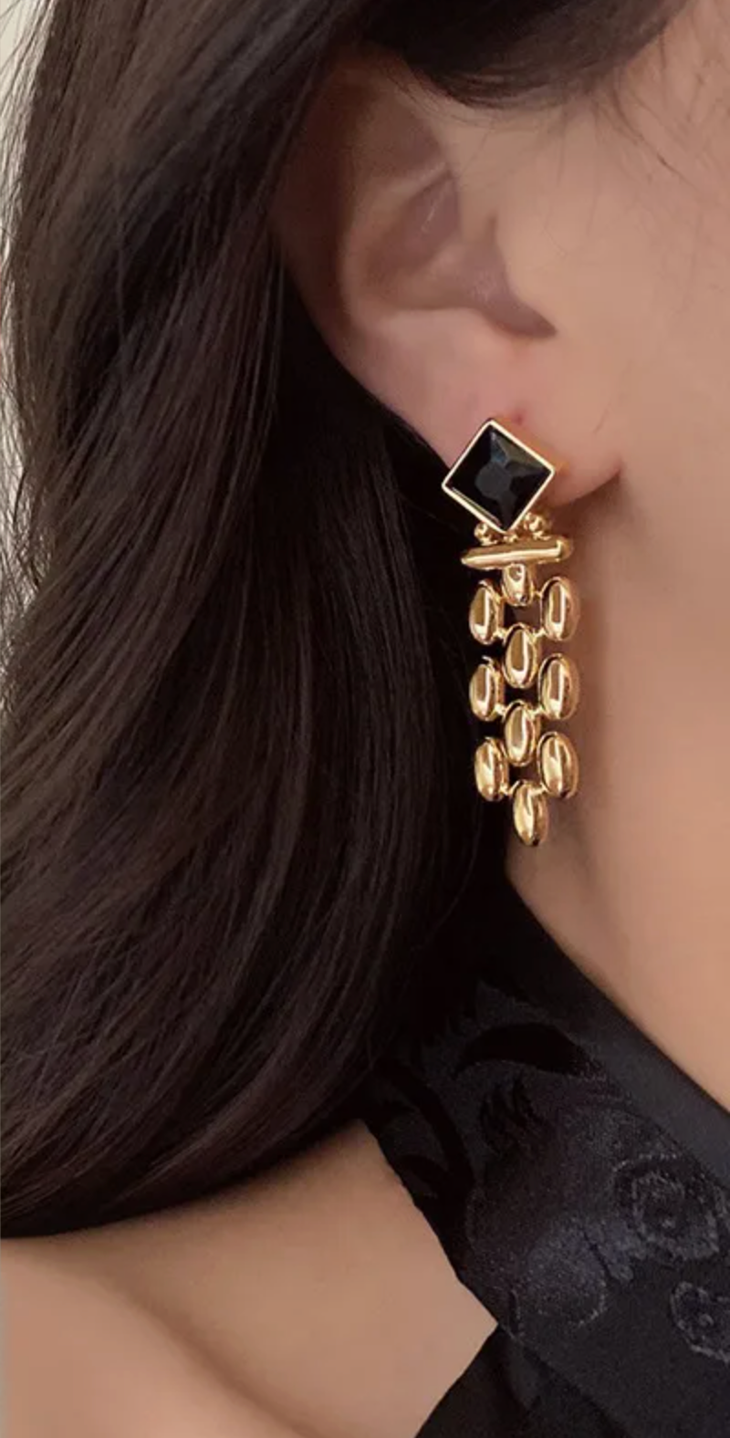 Black Gemstone Tassel Drop Earrings