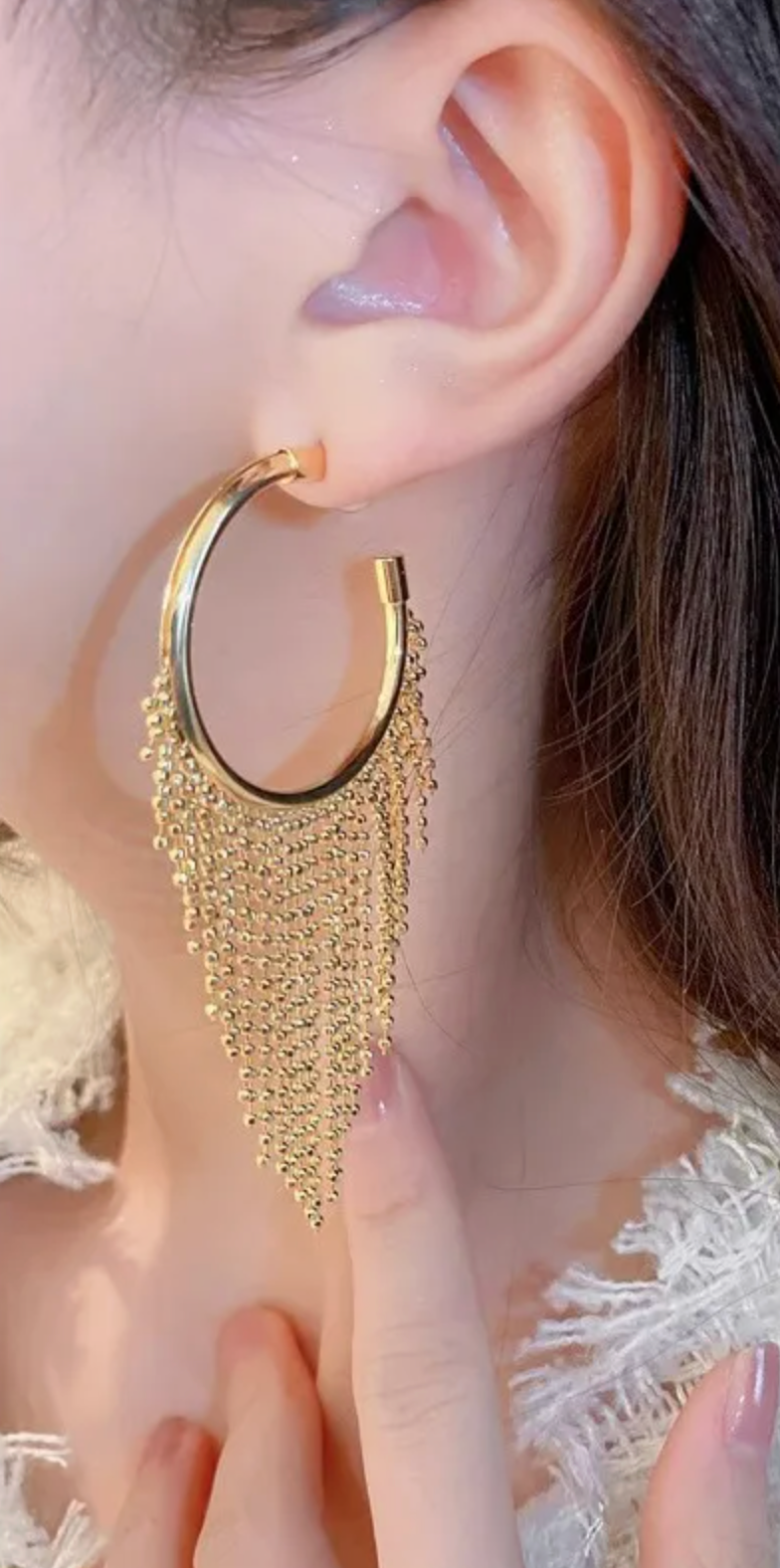 Statement Beaded Fringe Gold Plated Hoops