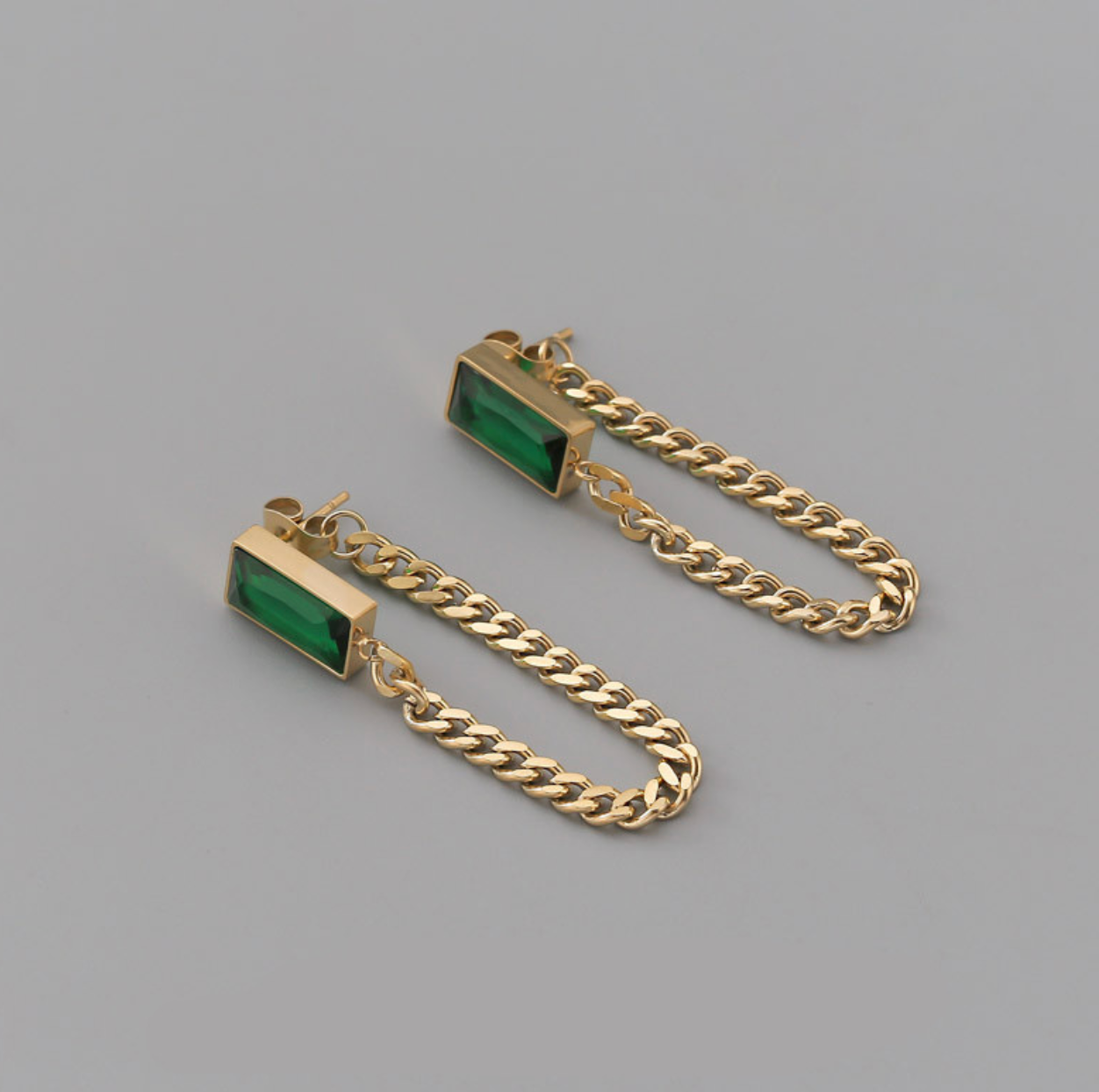 Emerald Cut Dainty Chain Earrings