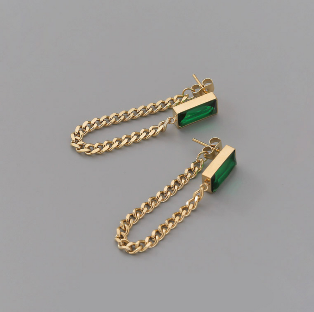 Emerald Cut Dainty Chain Earrings