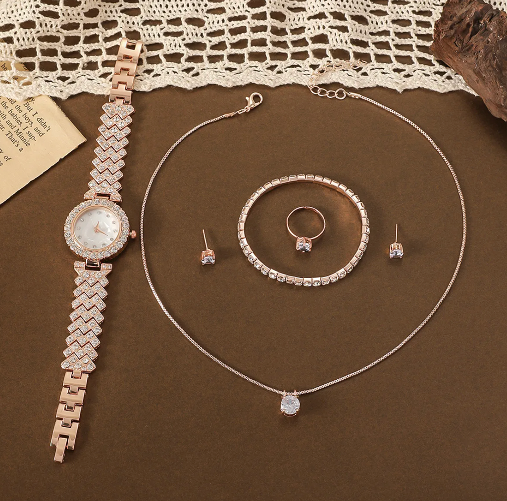 5-Piece Rose Gold Crystal Watch & Jewelry Set
