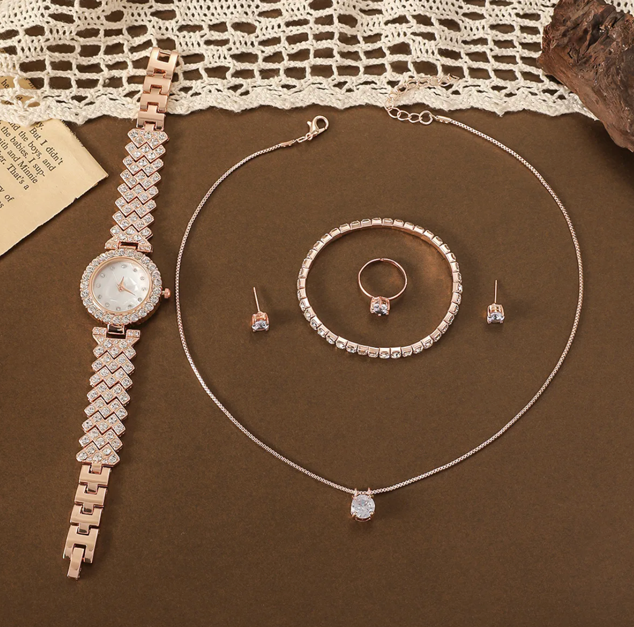 5-Piece Rose Gold Crystal Watch & Jewelry Set