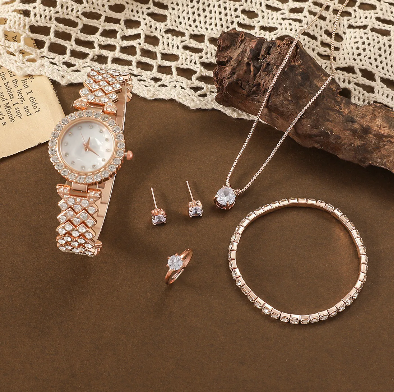 5-Piece Rose Gold Crystal Watch & Jewelry Set