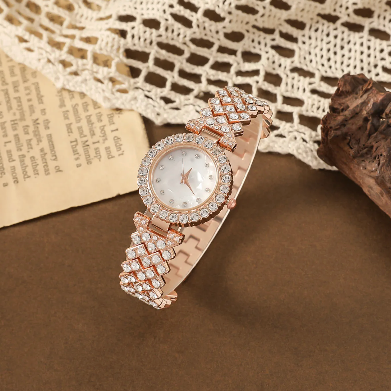 5-Piece Rose Gold Crystal Watch & Jewelry Set