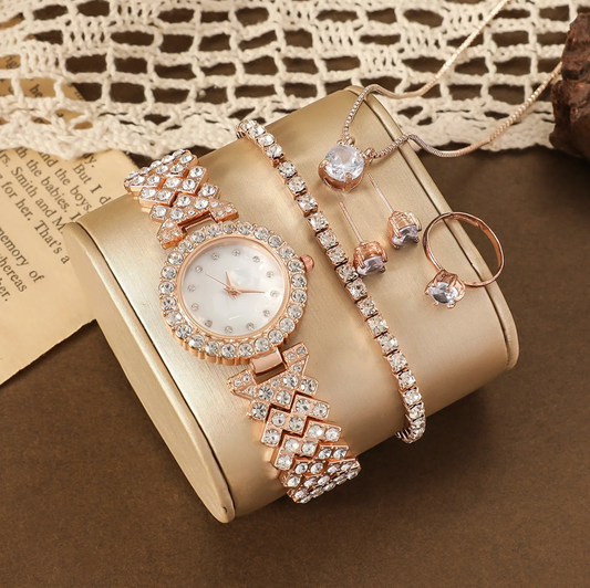 5-Piece Rose Gold Crystal Watch & Jewelry Set