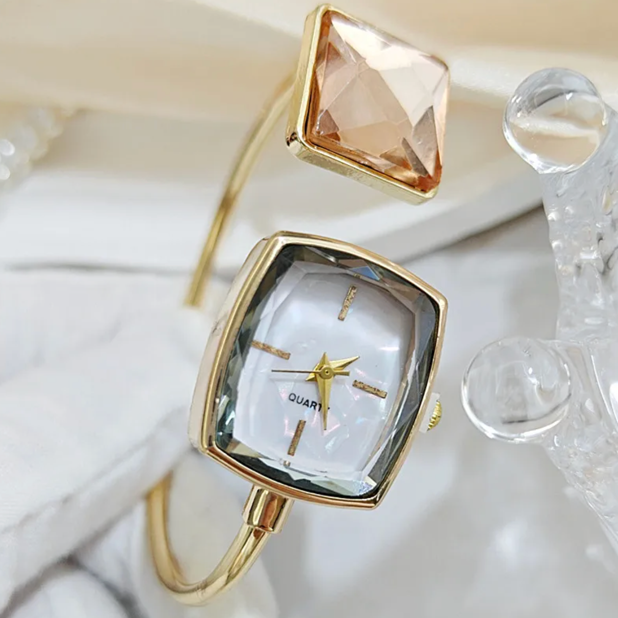 Faceted Rectangle Champagne Gem-End Bangle Watch