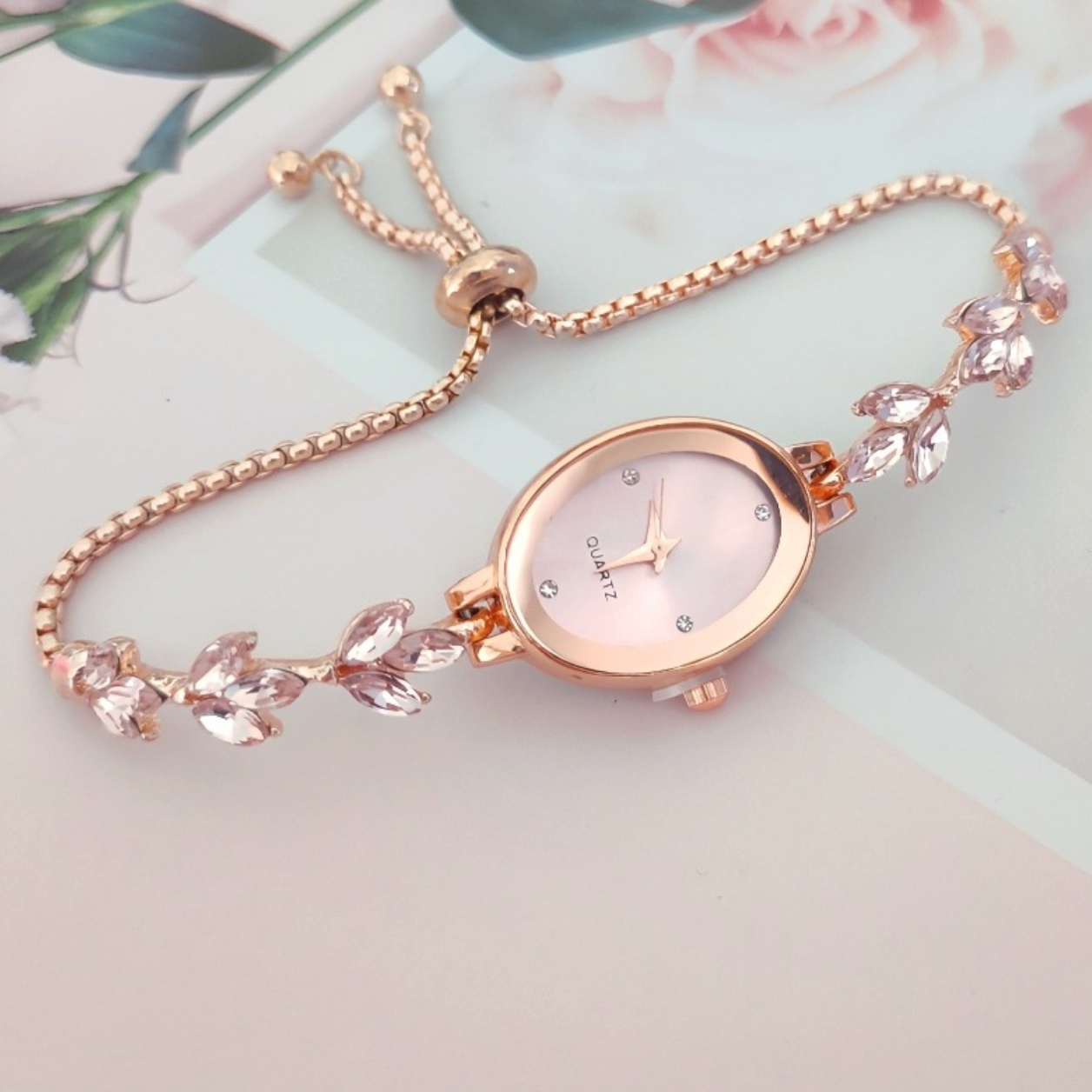 Dainty Crystal Leaf Bolo Bracelet Watch