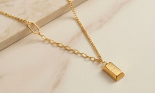 Gold plated bar double chain necklace