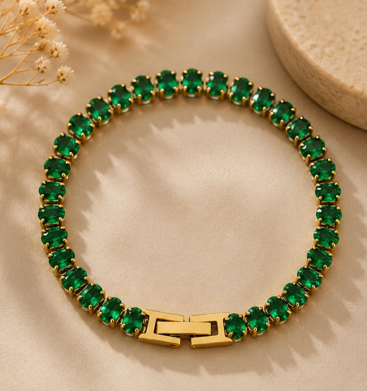 Gold Plated Green Tennis Bracelet