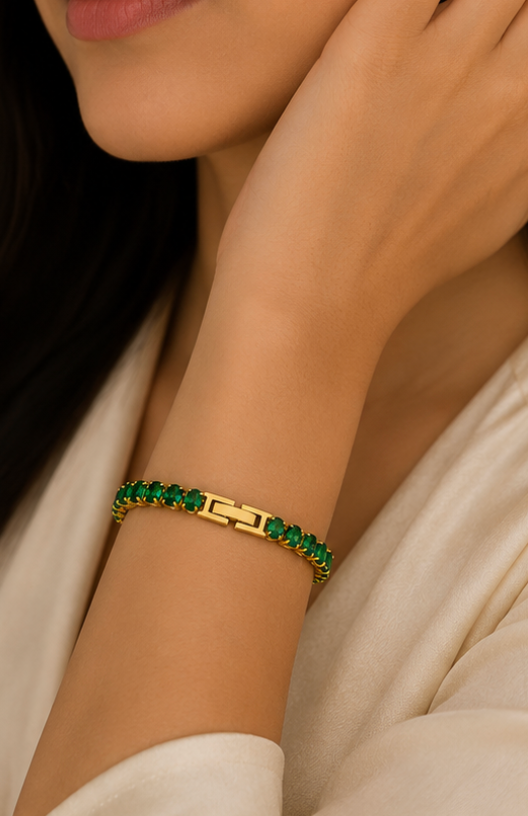 Gold Plated Green Tennis Bracelet