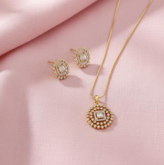 Square Center Halo Pendant Set