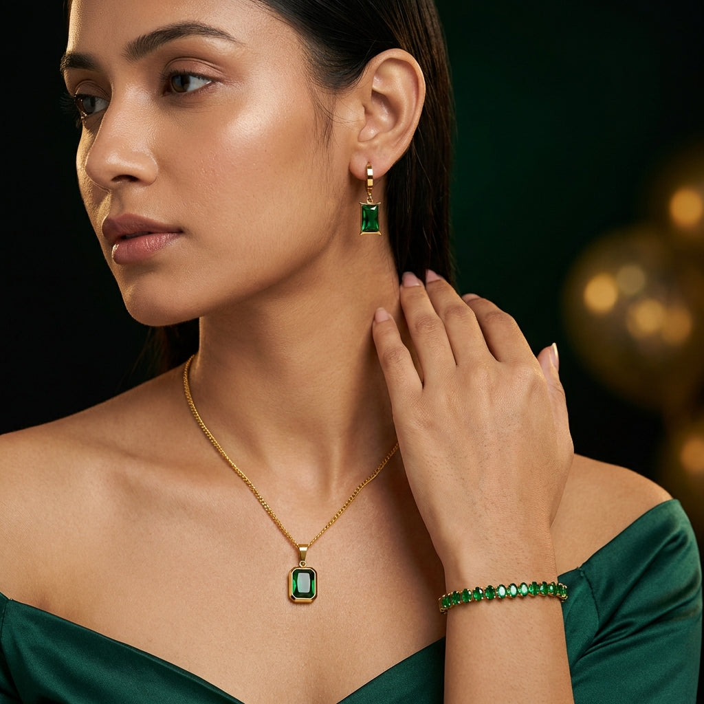 Gold Plated Green Tennis Bracelet, Chain & Earing Combo