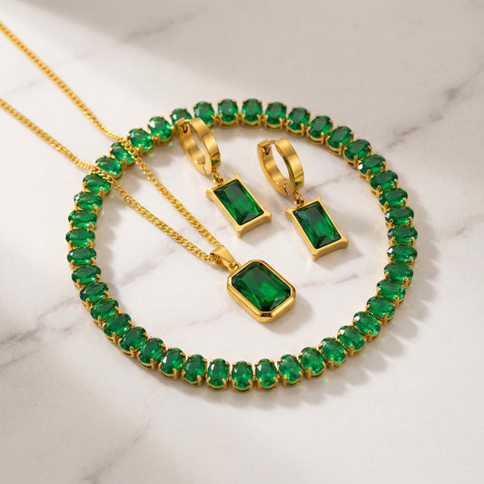 Gold Plated Green Tennis Bracelet, Chain & Earing Combo